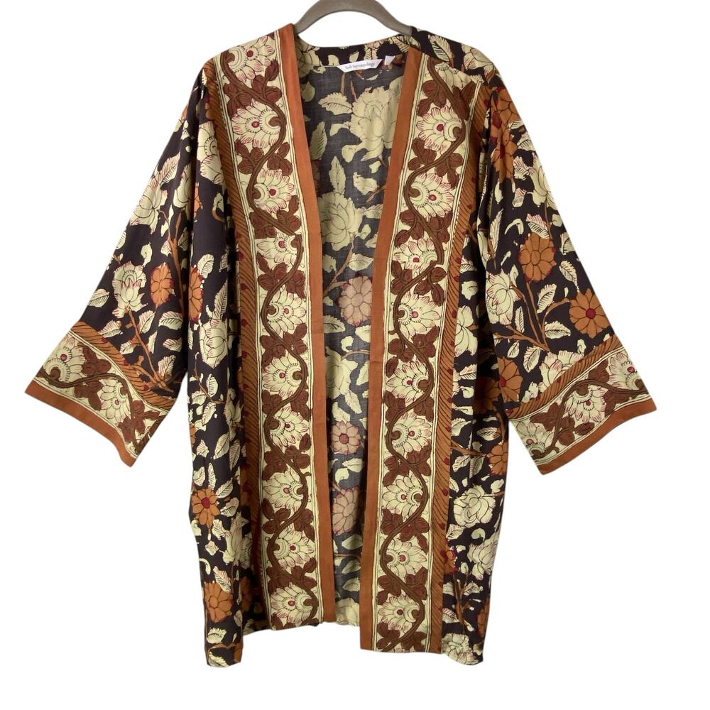 Soft Surroundings Brown Floral Long Cardigan Topper Kimono Duster Boho